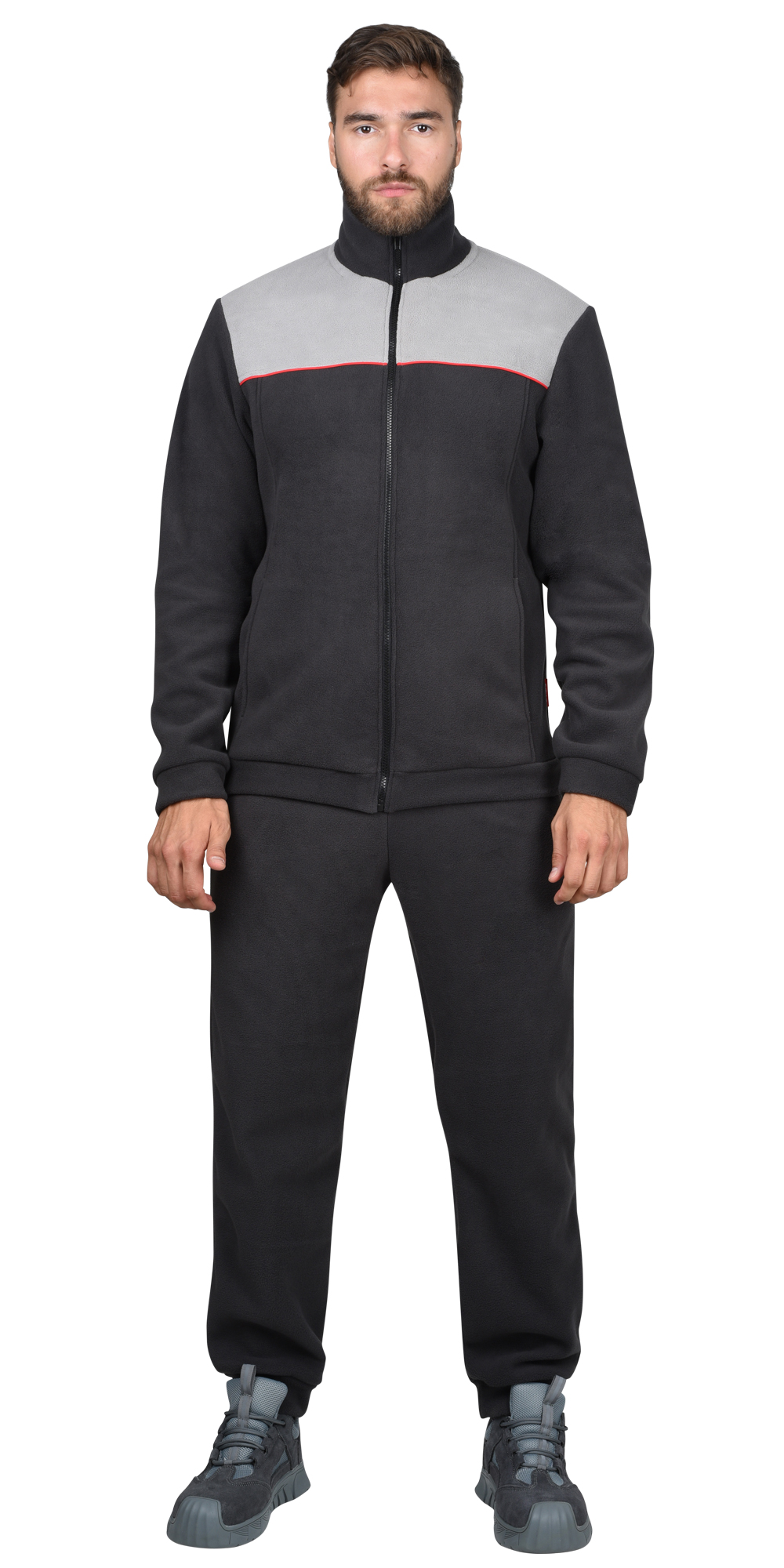 160599 Куртка флисовая т.серая со св. серым,красный кант (Фаворит) (ЧЗ)