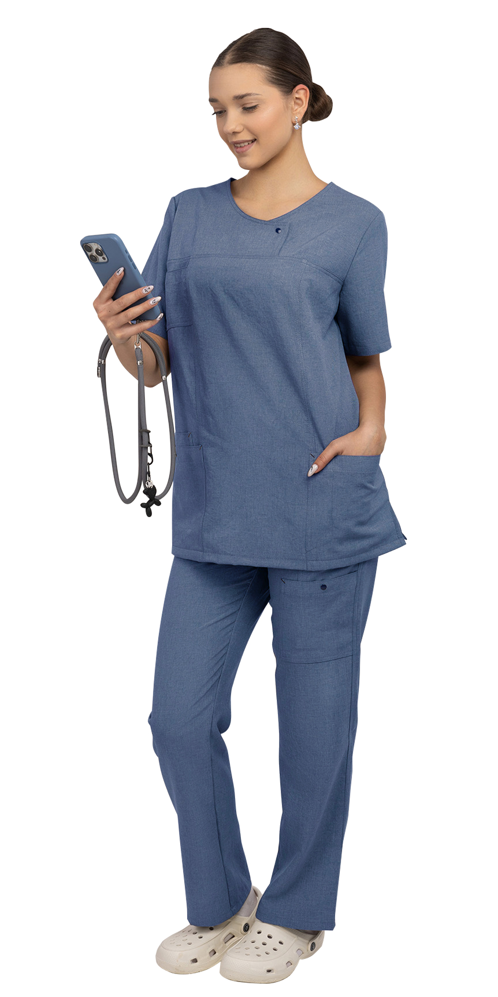 165587 Костюм Л-535 женский: блуза, брюки, цв. синий тк. Лен 20% (ЧЗ)