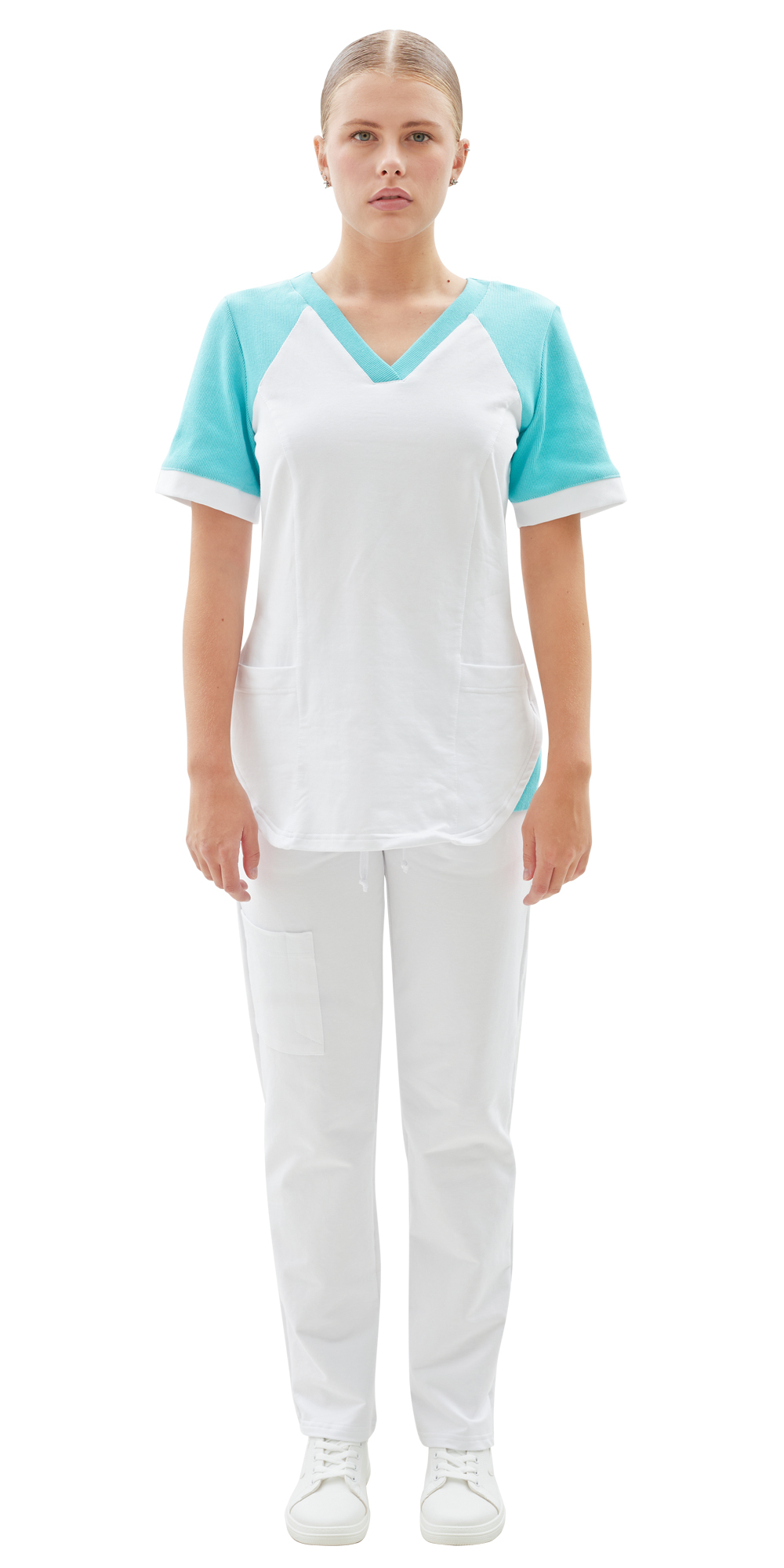 165593 Костюм трикотажный Т-536 женский: блуза, брюки, цв. белый с бирюзовым (ЧЗ)